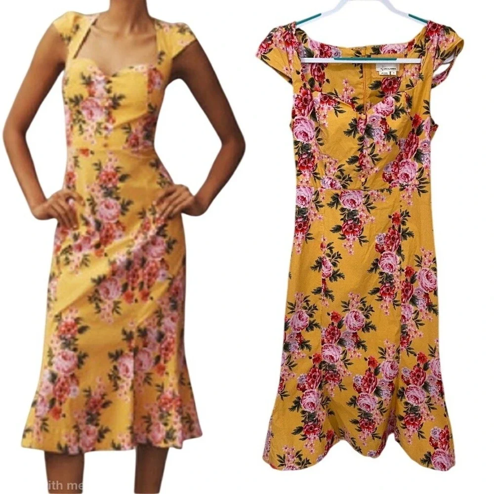 Anthropologie Size M Cecily Flora Midi Dress Garden‎ Party Cottagecore Yellow